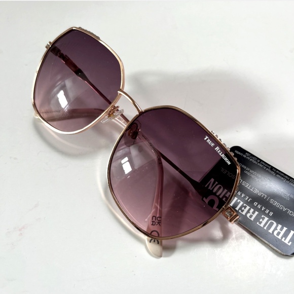 New TRUE RELIGION Square Rhinestone Sunglasses Metal Rose Gold Pink Lens main image 4